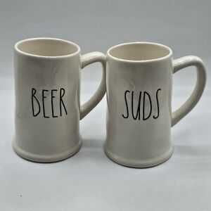 Rae Dunn White Ceramic Beer and Suds Mugs Set